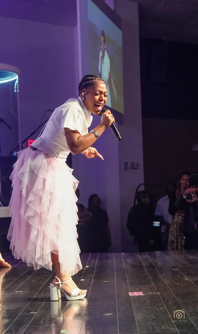 Singer in a tulle dress performing on stage